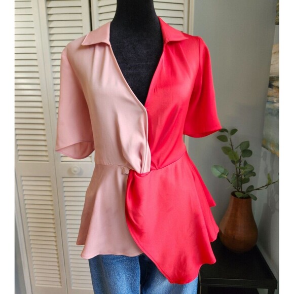 BCBG Tops - BCBGeneration Small Colorblock Peplum Blouse Pink Red Faux Wrap